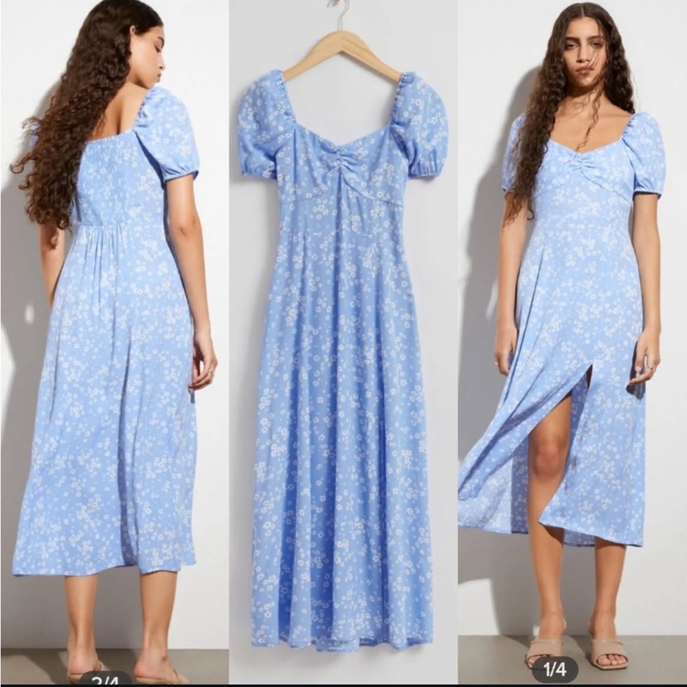 Floral Milkmaid Blue Puff Sleeve Midi Fairycore Cottagecore Romantic Dress XS